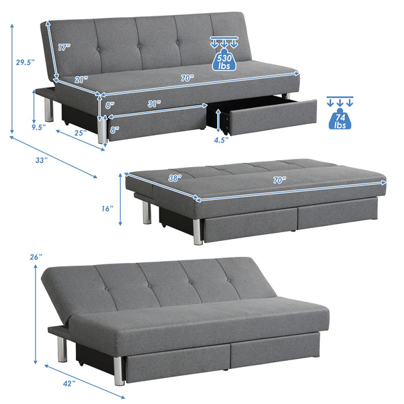 Giantex Convertible Futon Sofa Bed Adjustable Couch Sleeper w/ Two Drawers Grey HV10007