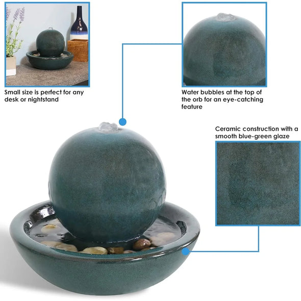 Ceramic Tabletop Water Fountain with Orb Design, Indoor Zen Desktop, Relaxing Water Feature, Interior Spa and Yoga Decoration