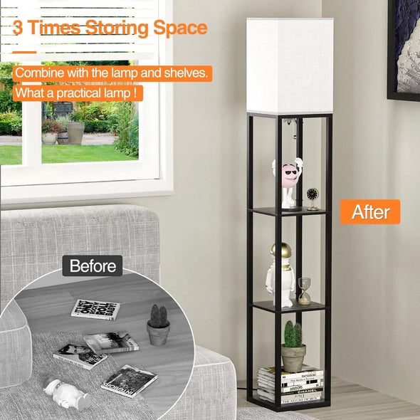 4 Tier Floor Lamp with Shelves, Shelf Floor Lamp for Living Room with 3 Color Temperature, Modern Storage Wood Standing