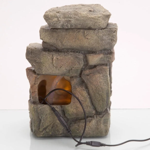 Indoor Tiered Rock Fountain with LED, Zen Tabletop Water Fountain, Illuminated Relaxation Fountain, 11.25"