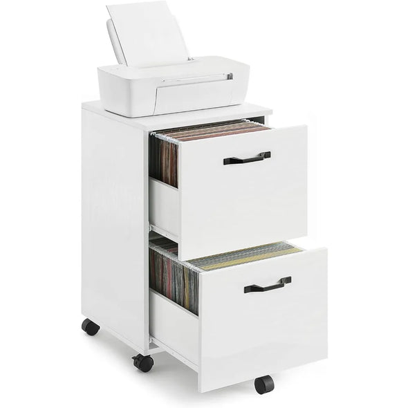 File Cabinet with 2 Drawers, Rolling Office Filing Cabinet, Hanging File Folders, White/Matte Black/Rustic Brown + Black