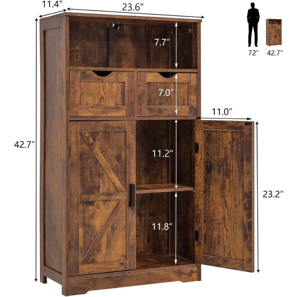 Floor Storage Cabinet with 2 Adjustable Drawers & 2 Barn Doors, Standing Cupboard with 2 Shelf, Furniture