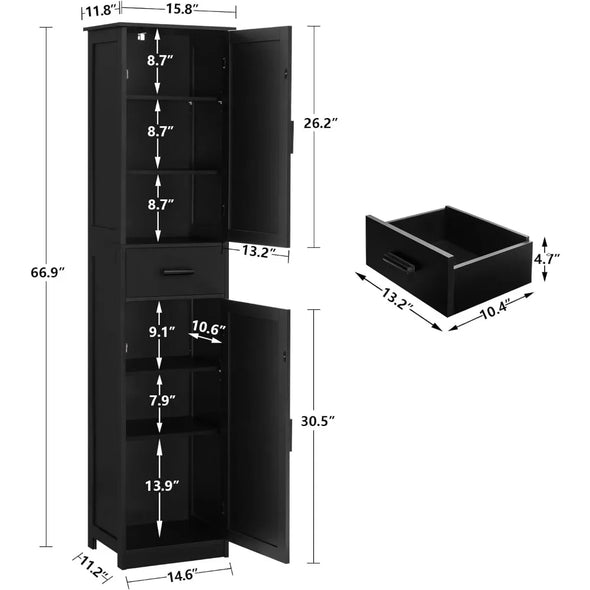 Tall Bathroom Cabinet with 6 Shelves, Narrow Linen Cabinet with 2 Doors & 1 Drawer, Freestanding Storage Cabinet,Furniture