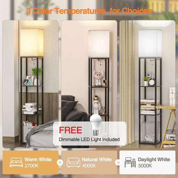 4 Tier Floor Lamp with Shelves, Shelf Floor Lamp for Living Room with 3 Color Temperature, Modern Storage Wood Standing