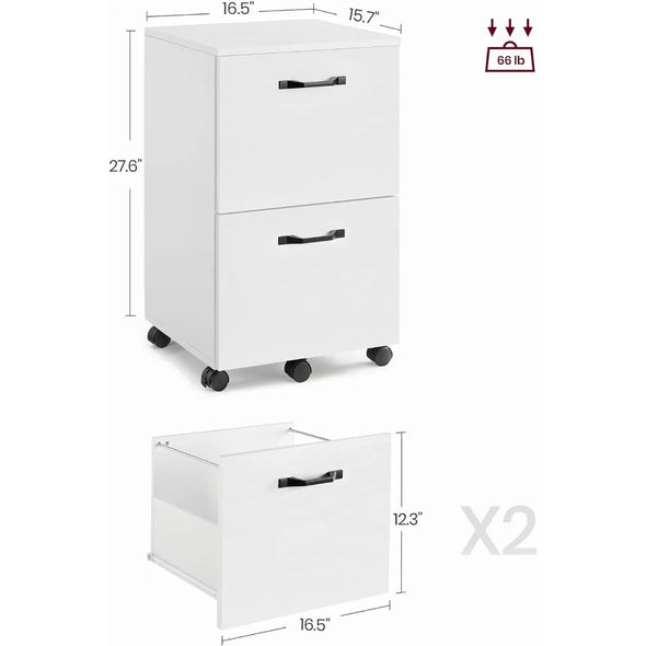 File Cabinet with 2 Drawers, Rolling Office Filing Cabinet, Hanging File Folders, White/Matte Black/Rustic Brown + Black