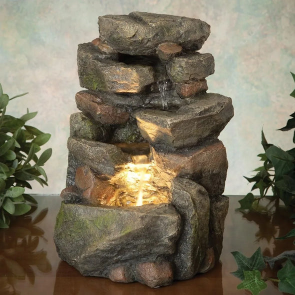 Indoor Tiered Rock Fountain with LED, Zen Tabletop Water Fountain, Illuminated Relaxation Fountain, 11.25"