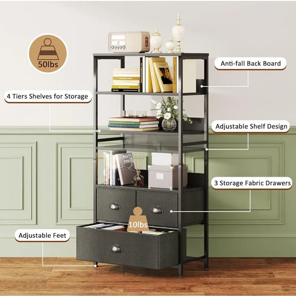 4-Tier Bookshelf with 3 Drawers, Vertical Dresser Organizer, Storage Shelf ， Sturdy Metal Frame,Wood Top，Black