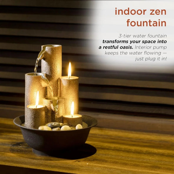 Tiered Column Tabletop Fountain with 3 Candles, Tall Brown, Indoor Water Fountain, 11 Inch