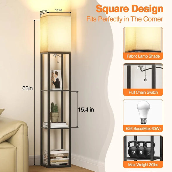 4 Tier Floor Lamp with Shelves, Shelf Floor Lamp for Living Room with 3 Color Temperature, Modern Storage Wood Standing