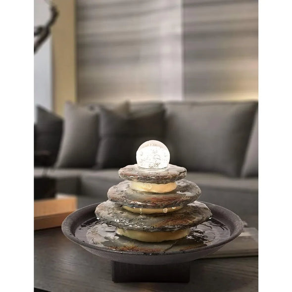 Indoor Fountain Tabletop Water Fountain Fengshui Cascading Waterfall Polyresin Table Centerpiece Decor LED Lights Rolling 27cm