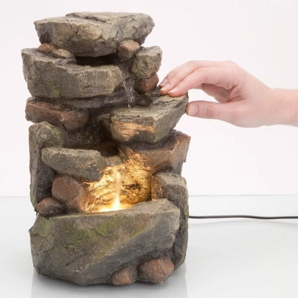 Indoor Tiered Rock Fountain with LED, Zen Tabletop Water Fountain, Illuminated Relaxation Fountain, 11.25"