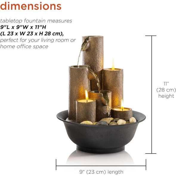 Tiered Column Tabletop Fountain with 3 Candles, Tall Brown, Indoor Water Fountain, 11 Inch