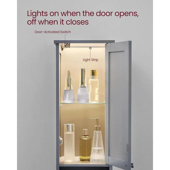 Tall Bathroom Cabinet with Lights, Slim Bathroom Storage Cabinet, Freestanding Narrow Cabinet with Adjustable Shelves